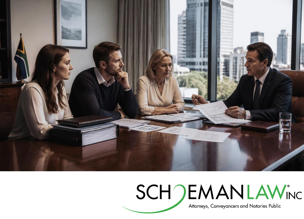 Removing Executor SchoemanLaw Inc SchoemanLaw Inc Law firm meeting four professionals discuss documents at a conference table with cityscape outside the window and a flag in the background